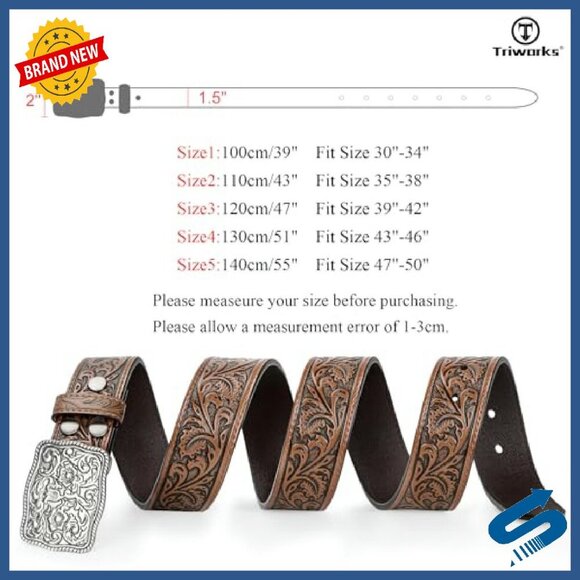 Western Leather Belt with Interchangeable Buckle, Adjustable Fit for Jeans main image 4